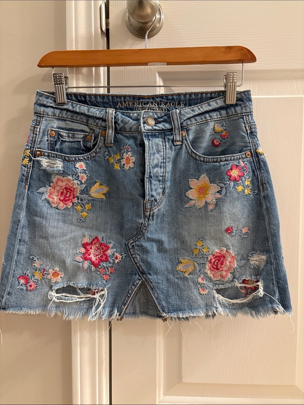 American Eagle Outfitters Embroidered Denim Mini Skirt - Blue, Pink, Yellow